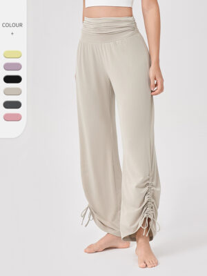 Women's Yoga High-Waisted Loose Wide-Leg Pants with Drapey Feel, Breathable Sports Casual Long Pants, Pleated Fitness Dance Pants 42312