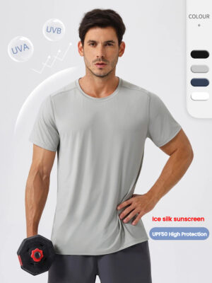 Men's Spring and Summer Ice Silk Sunscreen Sports T-shirt Quick-drying Fitness Short-sleeved Outdoor Loose Breathable Round Neck Running Top